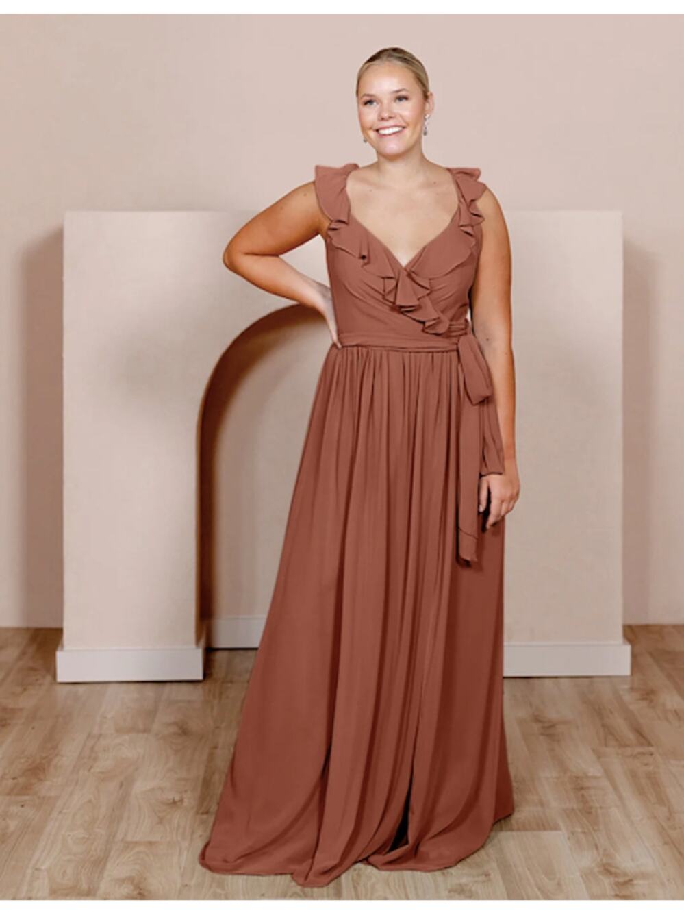 NWT Revelry Valerie Chiffon Faux Wrap Ruffle Maxi Gown Dress Cinnamon Rose 2